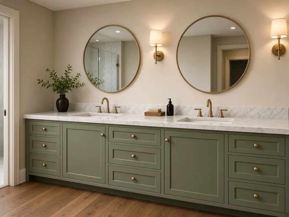 Sage green double bathroom vanity with marble top
